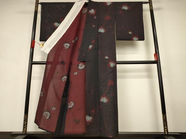 平和屋着物＊夏物　小紋　紗　蔦の葉文　銀糸　正絹　逸品　AABJ9062jd