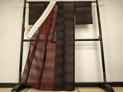 平和屋着物＊夏物　小紋　紗　市松横段文　正絹　逸品　AABJ9066jd