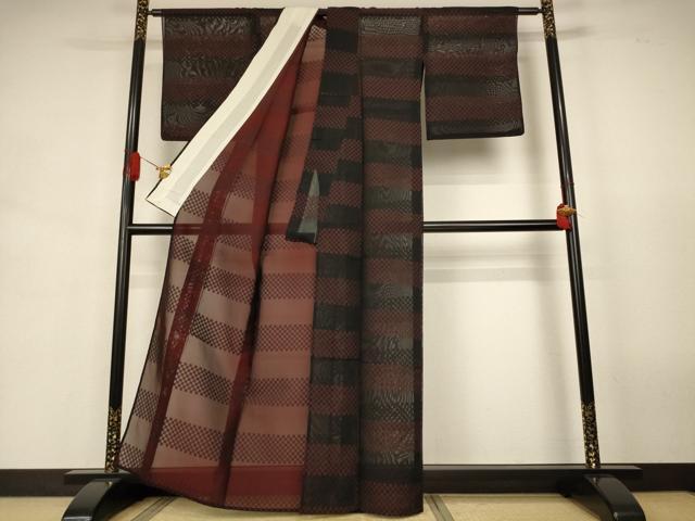 平和屋着物＊夏物　小紋　紗　市松横段文　正絹　逸品　AABJ9066jd