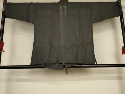 平和屋着物＊夏物　小千谷ちぢみ　作務衣　縞　証紙付き　麻　逸品　AABJ9096jd