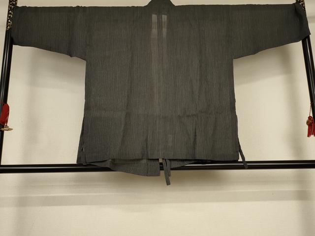 平和屋着物＊夏物　小千谷ちぢみ　作務衣　縞　証紙付き　麻　逸品　AABJ9096jd