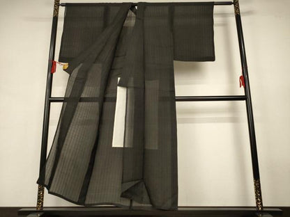 平和屋着物＊夏物　色無地　縞紋紗　黒色　正絹　逸品　AABJ9100jd