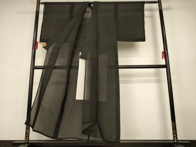 平和屋着物＊夏物　色無地　縞紋紗　黒色　正絹　逸品　AABJ9100jd