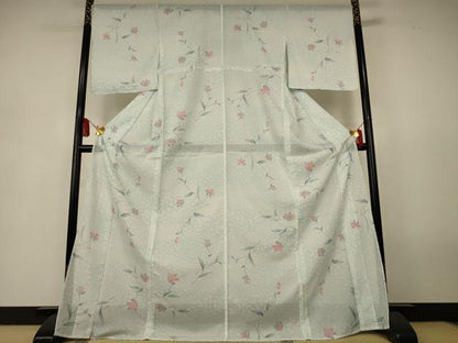 平和屋着物＊夏物　小紋　絽　草花文　ロング丈　洗える着物　AABJ9123jd