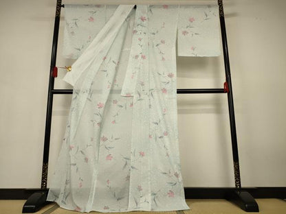 平和屋着物＊夏物　小紋　絽　草花文　ロング丈　洗える着物　AABJ9123jd