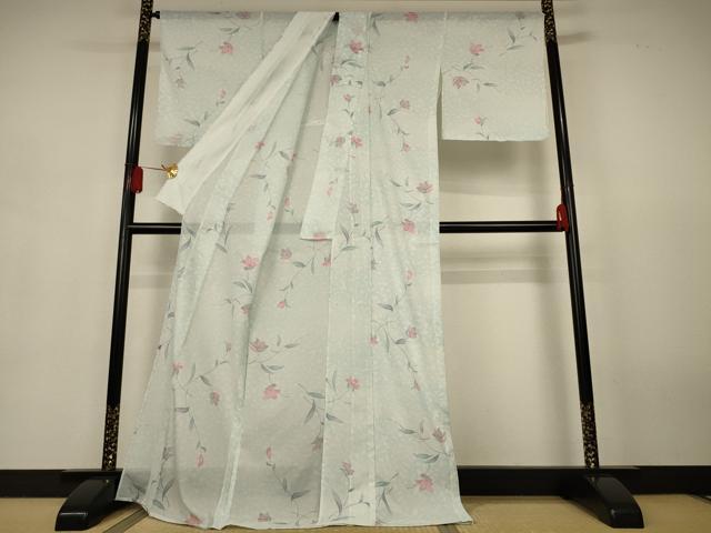 平和屋着物＊夏物　小紋　絽　草花文　ロング丈　洗える着物　AABJ9123jd