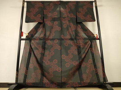 平和屋着物＊夏物　小紋　紗　花丸文　黒地　洗える着物　AABJ9125jd