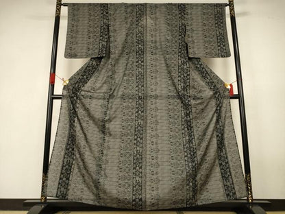平和屋着物＊夏物　小紋　紗　花間道　黒地　洗える着物　AABJ9146jd