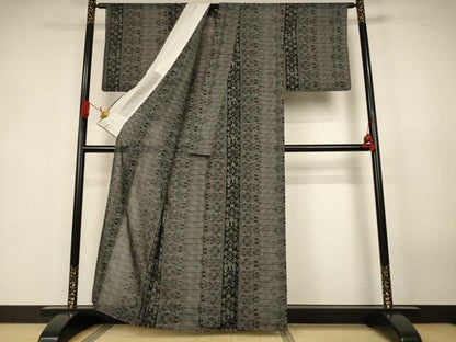 平和屋着物＊夏物　小紋　紗　花間道　黒地　洗える着物　AABJ9146jd