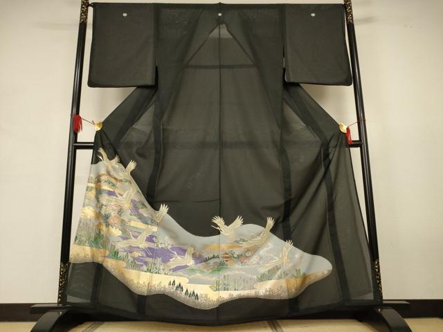 平和屋着物＊夏物　黒留袖　絽　風景花鳥文　金彩　洗える着物　AABJ9163jd