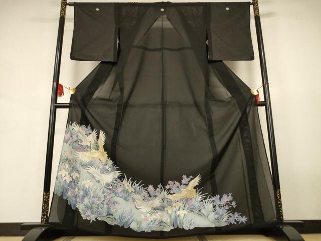 平和屋着物＊夏物　黒留袖　絽　花鳥文　銀彩　洗える着物　AABJ9165jd