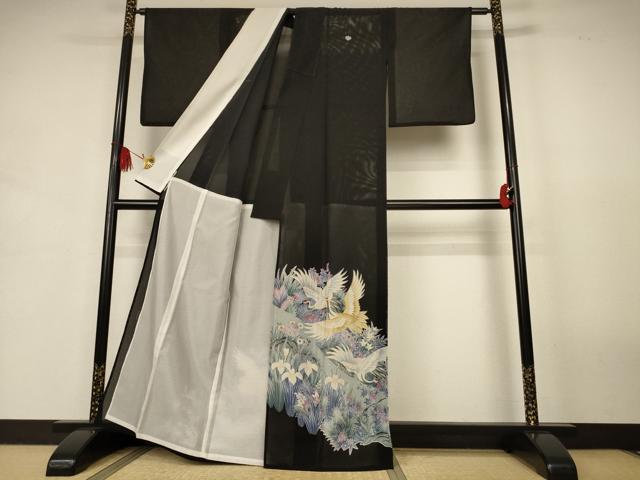 平和屋着物＊夏物　黒留袖　絽　花鳥文　銀彩　洗える着物　AABJ9165jd