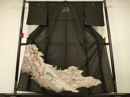平和屋着物＊夏物　黒留袖　絽　御所車花鳥文　金彩　洗える着物　AABJ9166jd