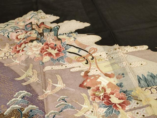 平和屋着物＊夏物　黒留袖　絽　御所車花鳥文　金彩　洗える着物　AABJ9166jd