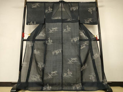 平和屋着物＊夏物　絹芭蕉　小紋　鳥獣戯画　ロング丈　正絹　逸品　AABJ9168jd