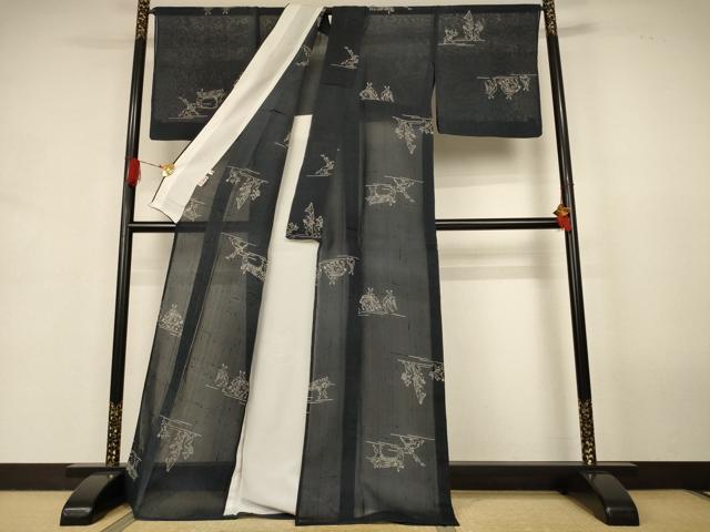 平和屋着物＊夏物　絹芭蕉　小紋　鳥獣戯画　ロング丈　正絹　逸品　AABJ9168jd