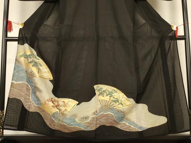 平和屋着物＊夏物　黒留袖　絽　流水扇面花鳥文　金彩　洗える着物　AABJ9169jd