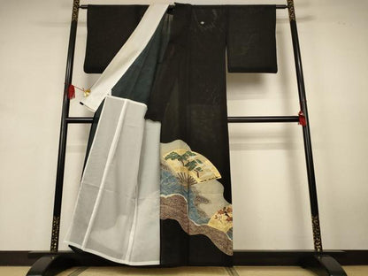 平和屋着物＊夏物　黒留袖　絽　流水扇面花鳥文　金彩　洗える着物　AABJ9169jd
