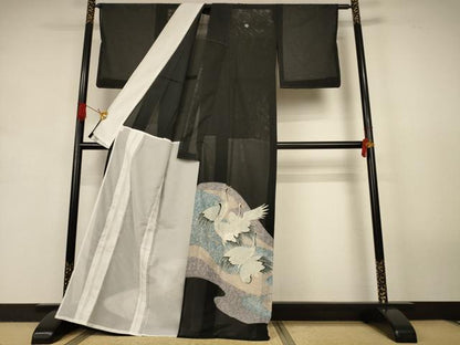 平和屋着物＊夏物　黒留袖　絽　鶴　銀彩　金糸　洗える着物　AABJ9170jd