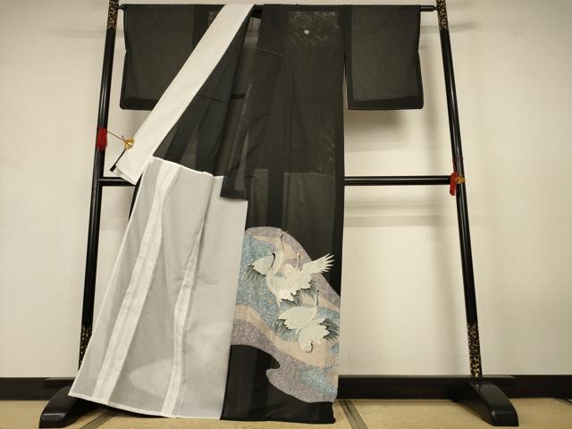 平和屋着物＊夏物　黒留袖　絽　鶴　銀彩　金糸　洗える着物　AABJ9170jd