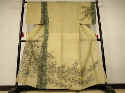 平和屋着物＊夏物　友禅作家　高橋り明　訪問着　生紬　紗　蔦の葉文　金彩　正絹　逸品　AABJ9173jd
