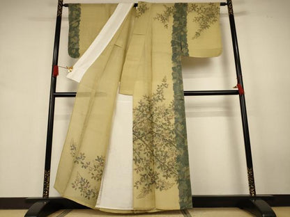 平和屋着物＊夏物　友禅作家　高橋り明　訪問着　生紬　紗　蔦の葉文　金彩　正絹　逸品　AABJ9173jd