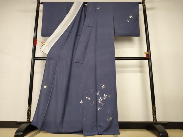 平和屋着物＊夏物　手描友禅作家　中村穂湖　訪問着　縞紋絽　舞葉文　金彩　正絹　逸品　AABJ9174jd