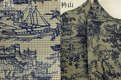 平和屋着物＊夏物　小紋　浴衣兼用　綿絹紅梅　本藍　風景文　絹綿　逸品　AABJ9179jd