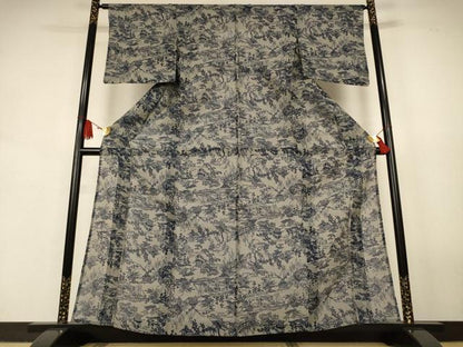 平和屋着物＊夏物　小紋　浴衣兼用　綿絹紅梅　本藍　風景文　絹綿　逸品　AABJ9179jd