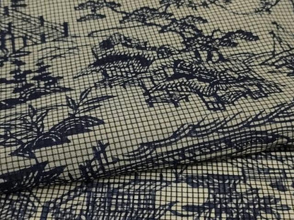 平和屋着物＊夏物　小紋　浴衣兼用　綿絹紅梅　本藍　風景文　絹綿　逸品　AABJ9179jd