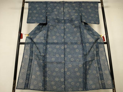 平和屋着物＊夏物　小紋　浴衣兼用　綿絹紅梅　本藍　型染め　花唐草文　絹綿　逸品　AABJ9180jd