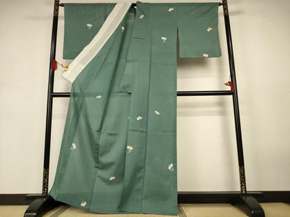 平和屋着物＊夏物　小紋　絽縮緬　友禅　舞花文　老竹色　高島屋扱い　正絹　逸品　AABJ9184jd