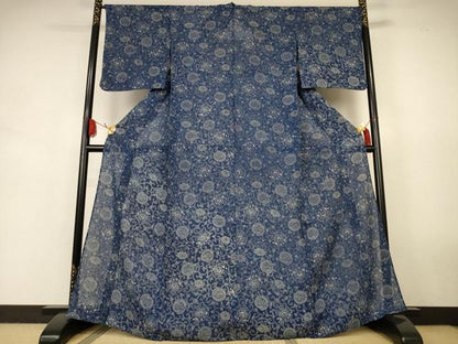 平和屋着物＊夏物　小紋　絽　藍　型染め　花唐草文　正絹　逸品　未使用　AABJ9185jd