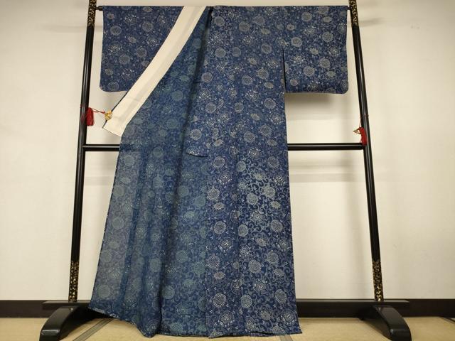 平和屋着物＊夏物　小紋　絽　藍　型染め　花唐草文　正絹　逸品　未使用　AABJ9185jd