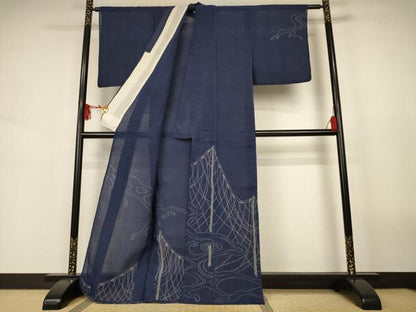 平和屋着物＊夏物　小千谷ちぢみ　訪問着　流水風景文　麻　逸品　AABJ9189jd