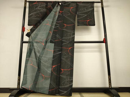 平和屋着物＊夏物　小紋　絽　流水文　黒地　洗える着物　未使用　AABJ9193jd