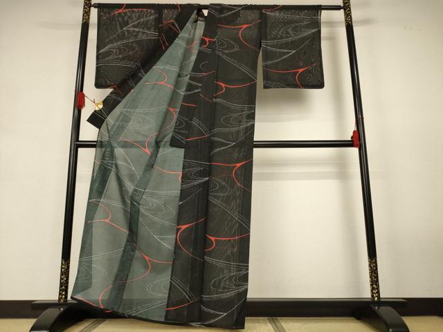 平和屋着物＊夏物　小紋　絽　流水文　黒地　洗える着物　未使用　AABJ9193jd