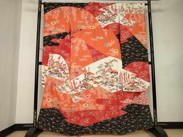 平和屋着物●和染紅型　栗山紅型　栗山吉三郎　振袖　風景文　小田急百貨店扱い　正絹　逸品　AABJ9223ck