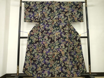 平和屋着物●上質な小紋　更紗花文　鬼しぼ縮緬　正絹　逸品　AABJ9236ck