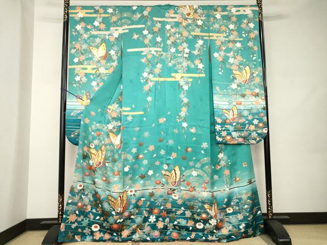 平和屋着物●女優・後藤久美子ブランド　振袖　駒刺繍　花蝶文　正絹　逸品　AABJ9239ck