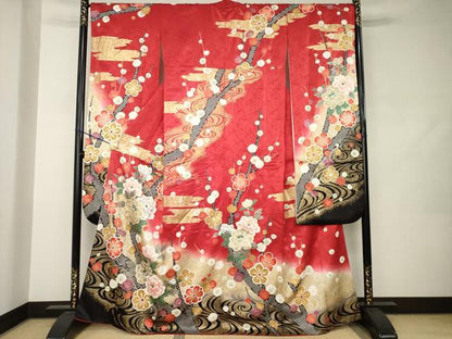 平和屋着物●豪華振袖　駒刺繍　枝花文　暈し染め　金彩　正絹　逸品　AABJ9241ck