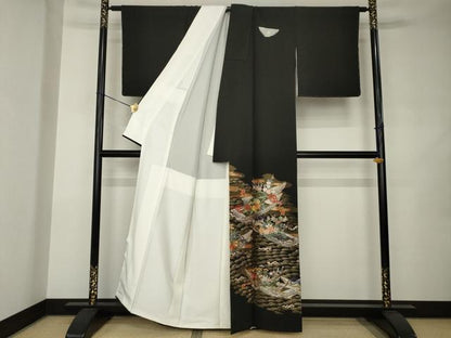 平和屋着物●豪華黒留袖　作家物　総刺繍　渡し船　草花文　正絹　逸品　AABJ9246ck