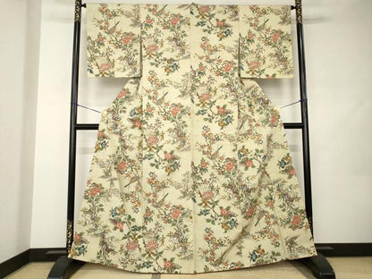 平和屋着物●上質な小紋　紬地　手描き　花鳥文　正絹　逸品　AABJ9247ck