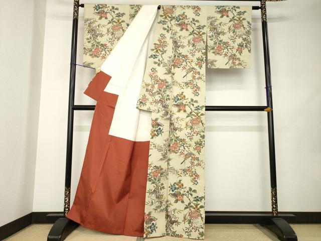 平和屋着物●上質な小紋　紬地　手描き　花鳥文　正絹　逸品　AABJ9247ck