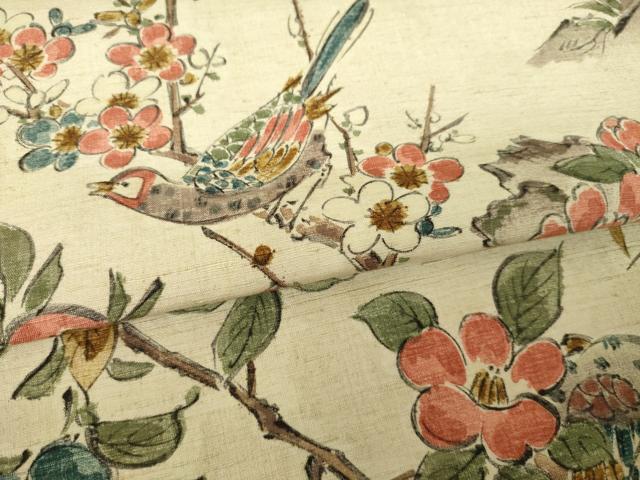 平和屋着物●上質な小紋　紬地　手描き　花鳥文　正絹　逸品　AABJ9247ck