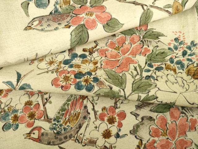 平和屋着物●上質な小紋　紬地　手描き　花鳥文　正絹　逸品　AABJ9247ck