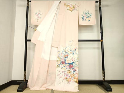 平和屋着物●訪問着　友禅　作家物　草花文　ロング丈　正絹　逸品　未使用　AABJ9264ck
