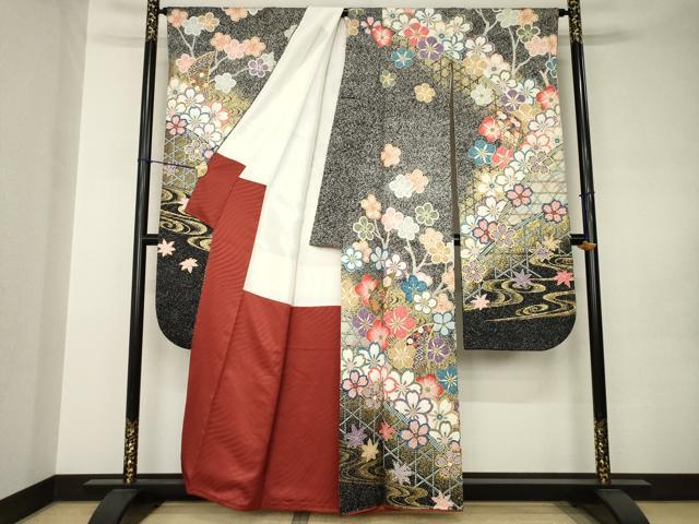 平和屋着物●豪華振袖　作家物　流水花文　黒地　金彩　正絹　逸品　AABJ9265ck