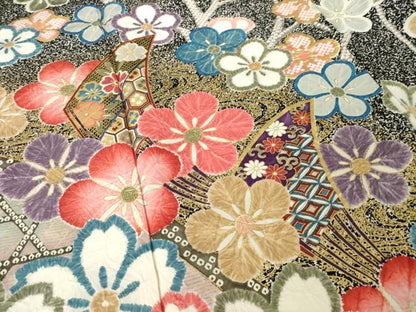 平和屋着物●豪華振袖　作家物　流水花文　黒地　金彩　正絹　逸品　AABJ9265ck