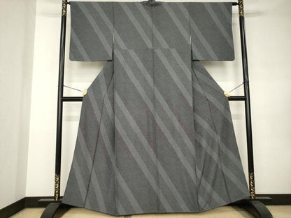 平和屋着物●江戸小紋　斜縞花文　黒地　正絹　逸品　AABJ9270ck